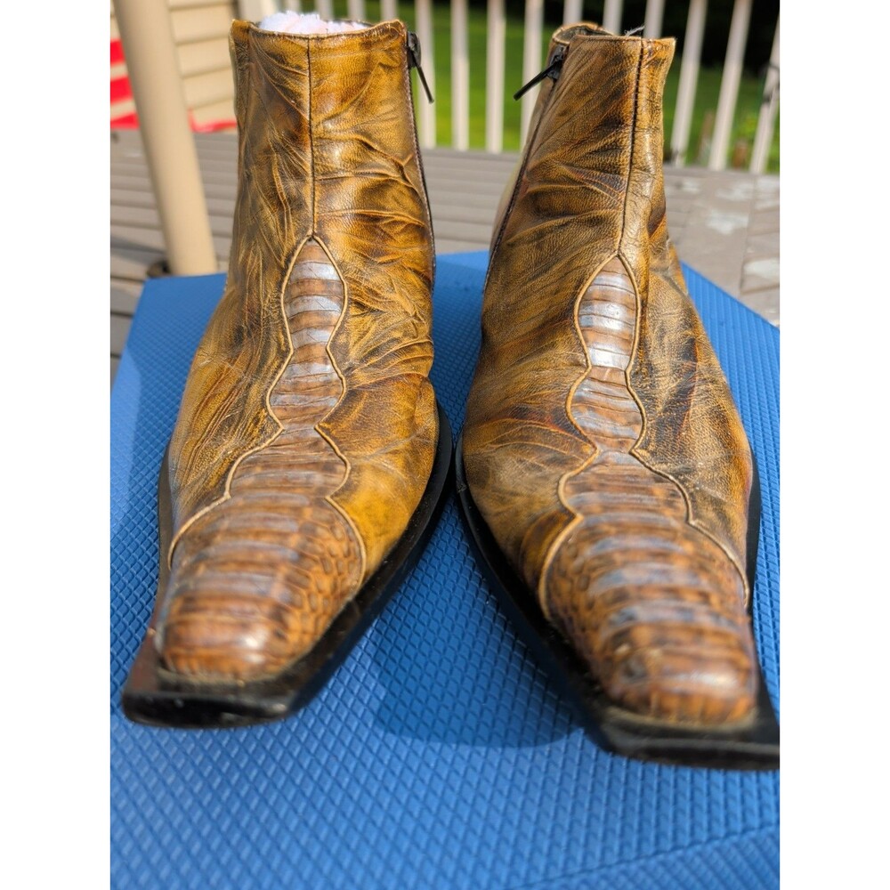 Vintage Juno New York Men's Brown Leather Ankle Boots Genuine Lizard Inlay Sz 9